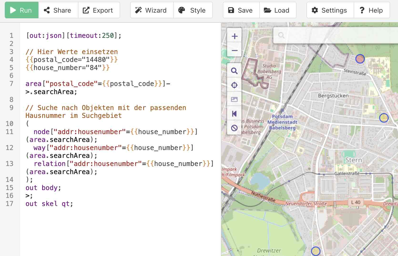 Screenshot of Overpass Turbo query results showing buildings with house number 84 in ZIP code 14480